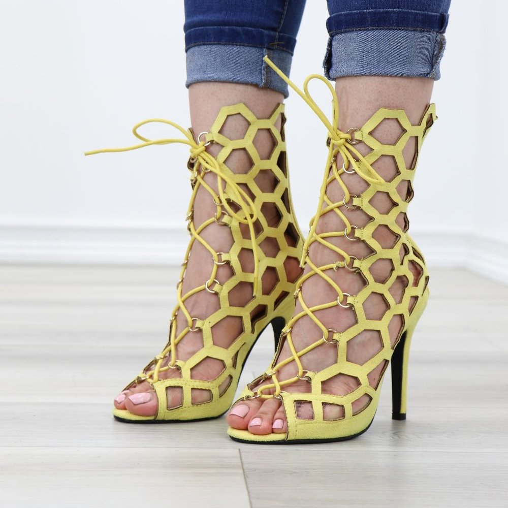 Lace-Up Strappy Yellow Gladiator Suede Open Toe High Heel Stiletto Sandals
